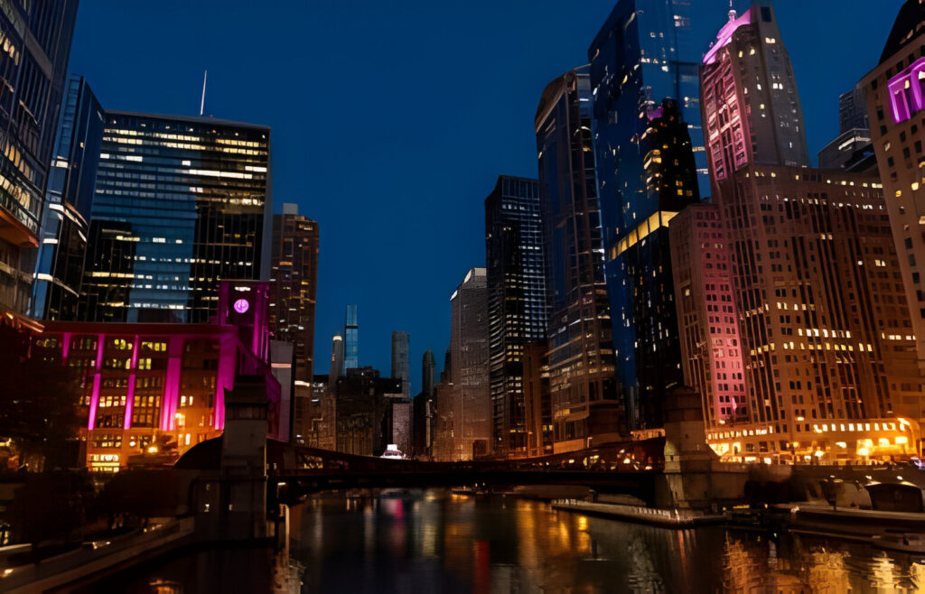 City Skyline of Chicago, Illinois, with River and Bridge at night look