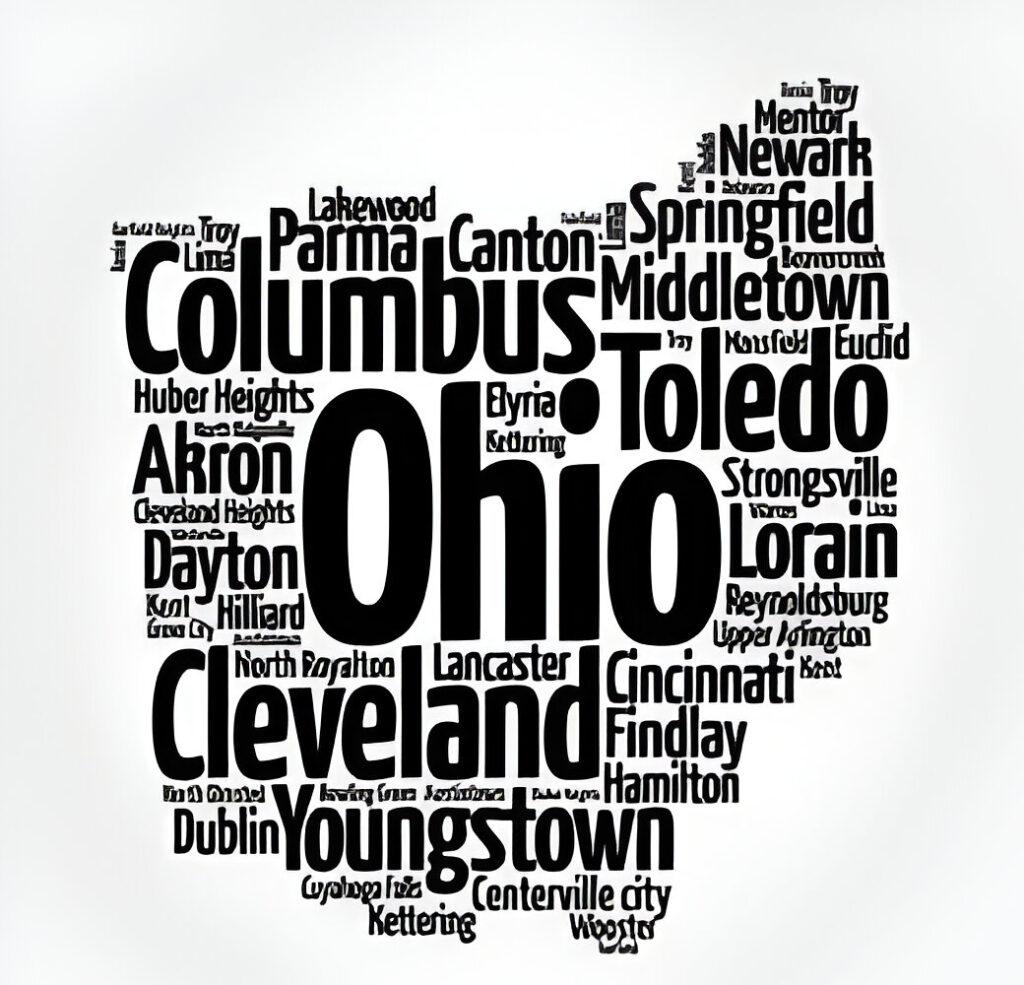 Cities list of Ohio in shape of map