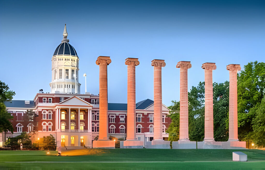 historic columns at twilight in Columbia, Missouri, USA