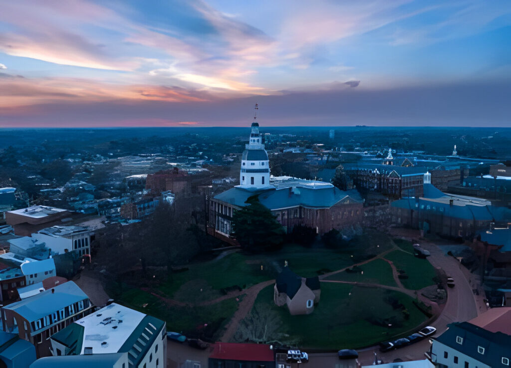 Aerial view of historic downtown Annapolis with Maryland State House