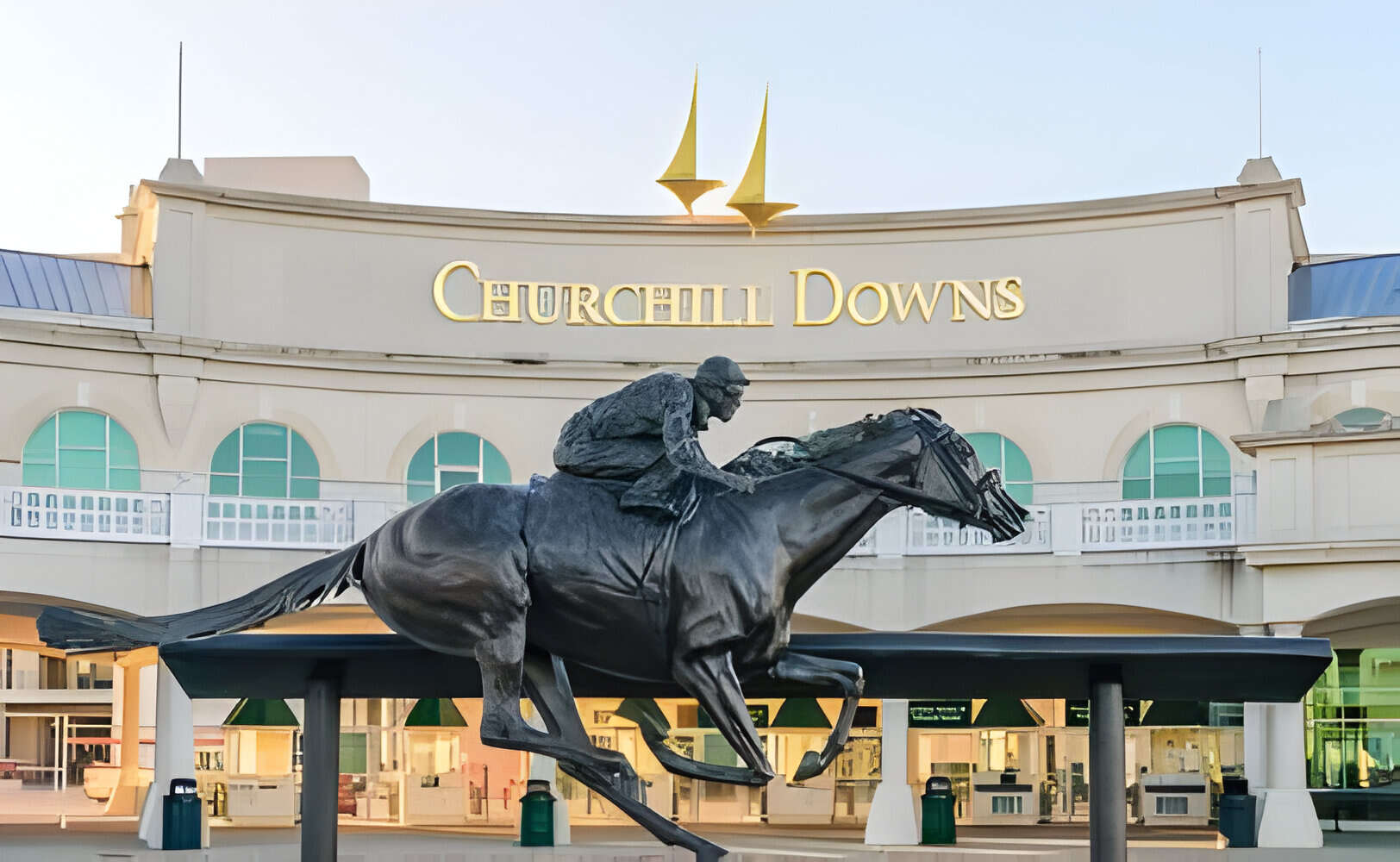 Entrance to Churchill Downs featuring a statue of 2006 Kentucky Derby Champion Barbaro