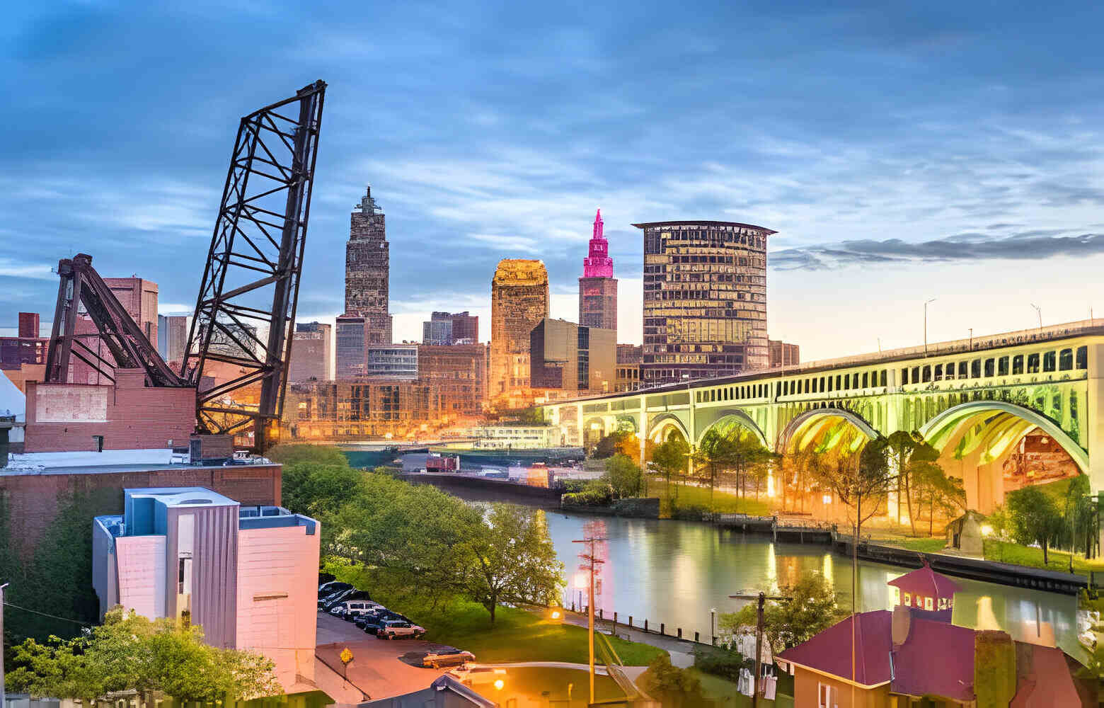 Cleveland city skyline over the Cuyahoga River.