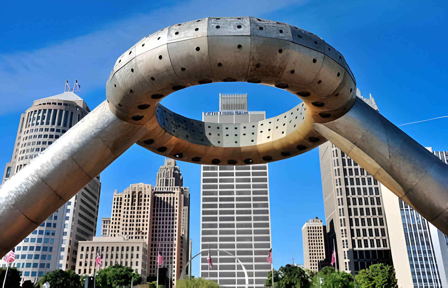 The Detroit skyline seen from Hart Plaza in Downtown Detroit, Michigan