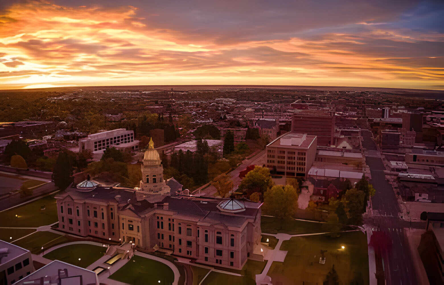 View of a Sunrise over Downtown Cheyenne, Wyoming