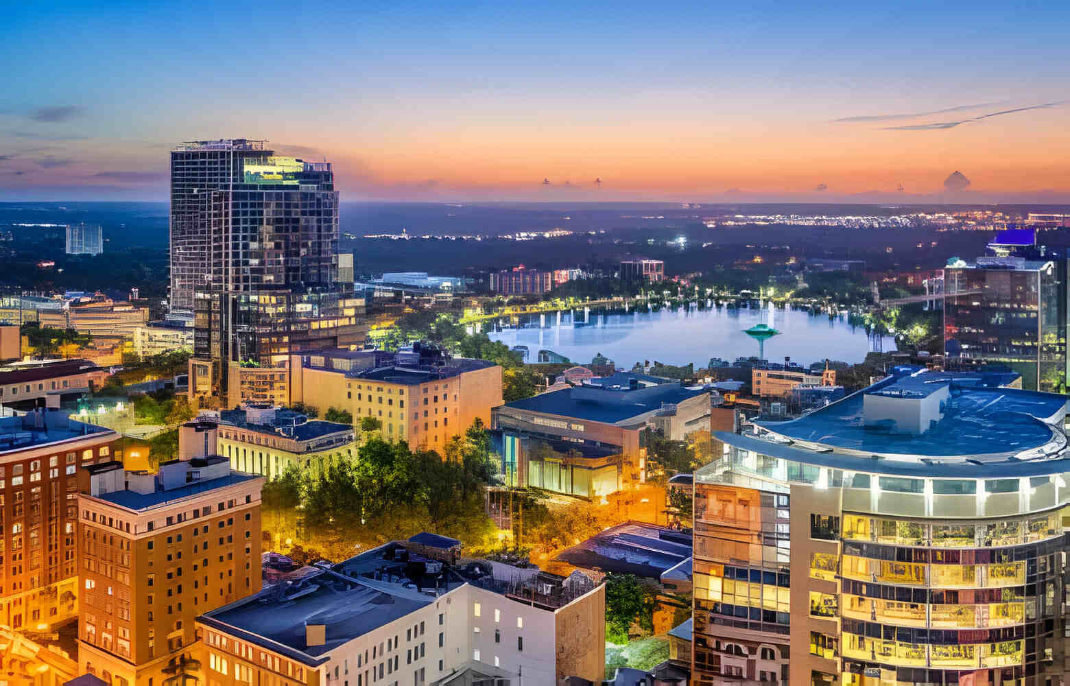 Orlando, Florida, USA aerial skyline towards Lake Eola