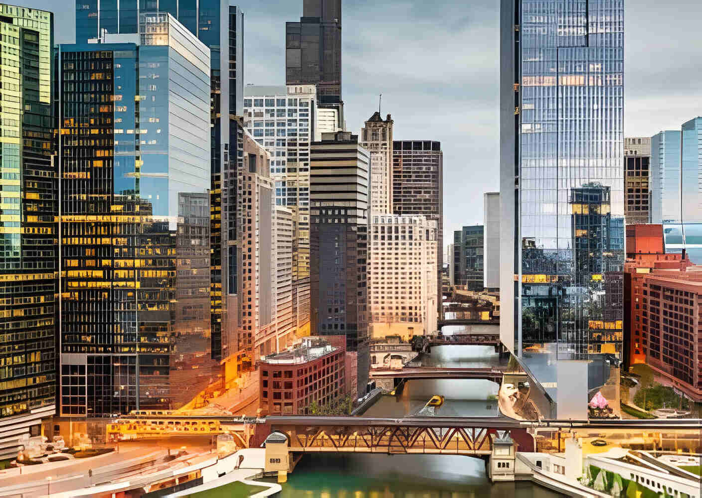 Chicago, Illinois USA skyline over the river at twilight