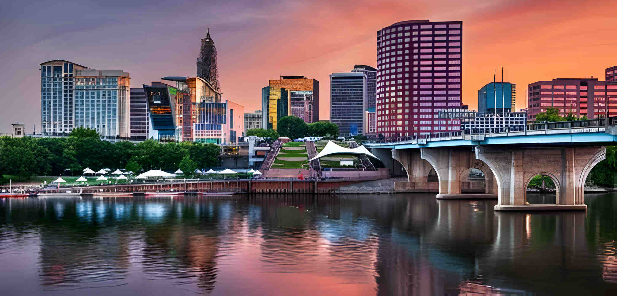 Hartford, Connecticut, USA downtown skyline at sunset