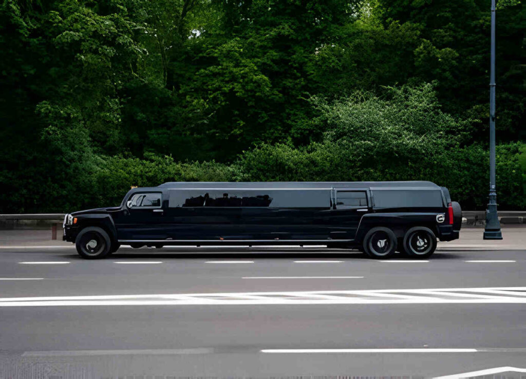 Black Hummer limo car, side view