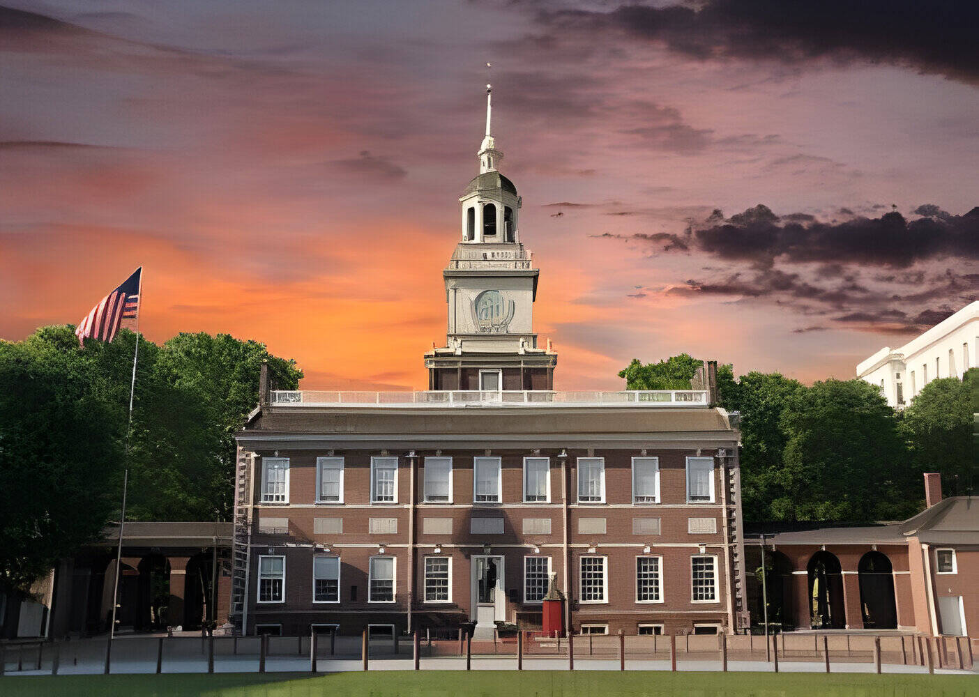 Independence Hall National Historic Park Philadelphia Pennsylvania with sunset sky