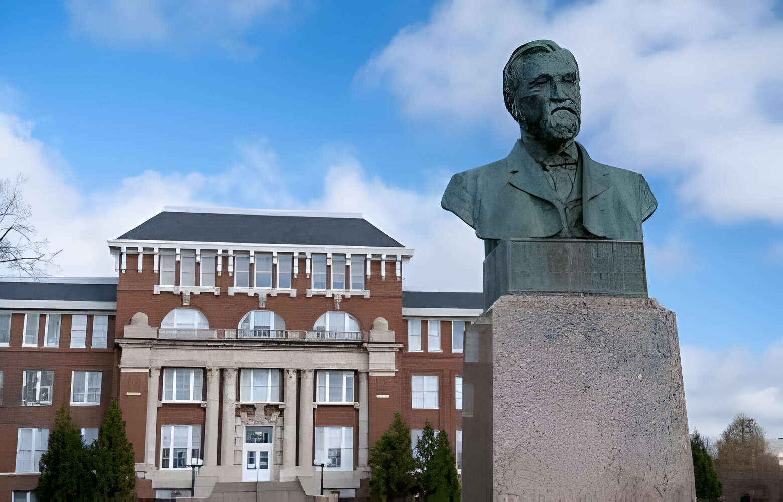 A bust of Stephen Dill Lee in front of Lee Hall on the campus of Mississippi State University.