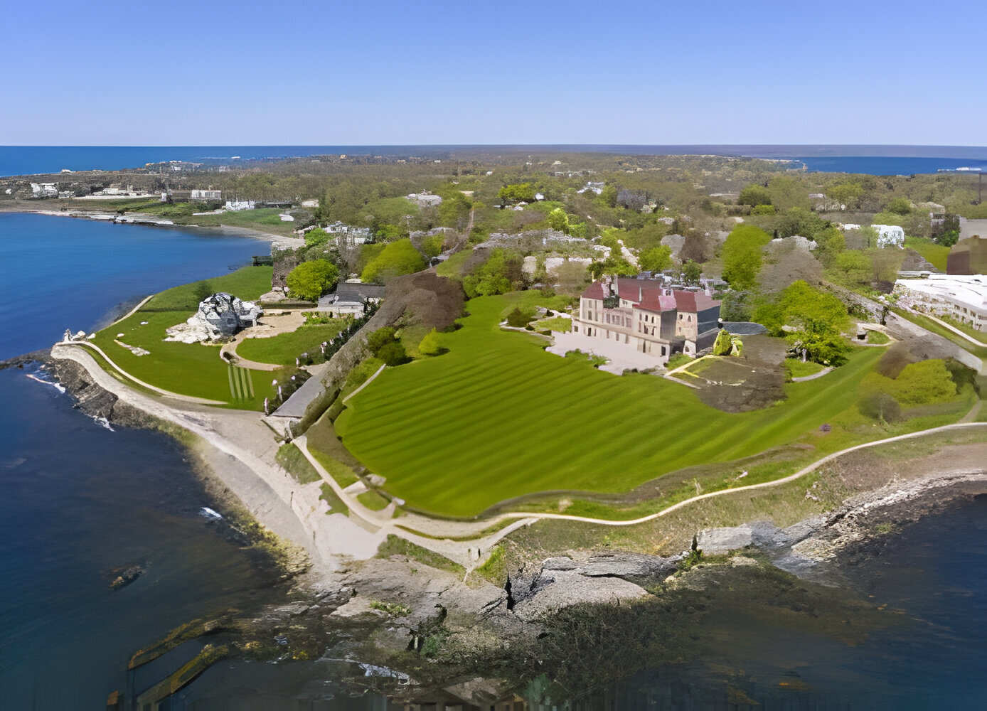 The Breakers and Cliff Walk aerial view at Newport, Rhode Island RI, USA