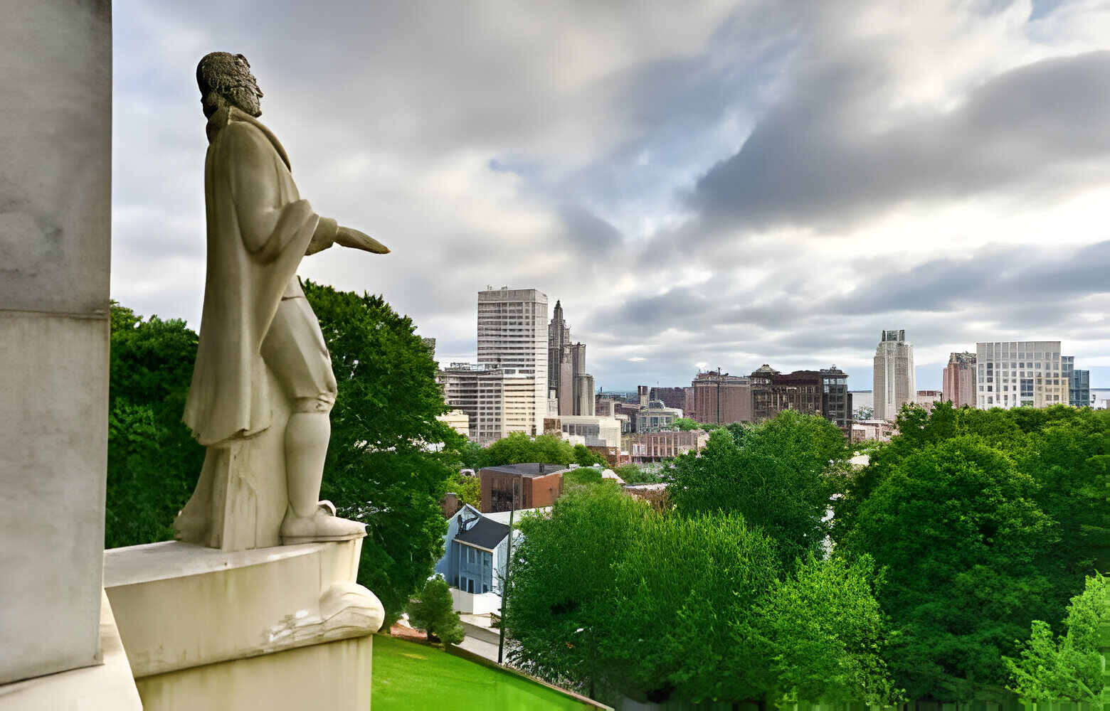 Prospect Terrace Park view of the Providence skyline and Roger Williams statue, Providence, Rhode Island, USA