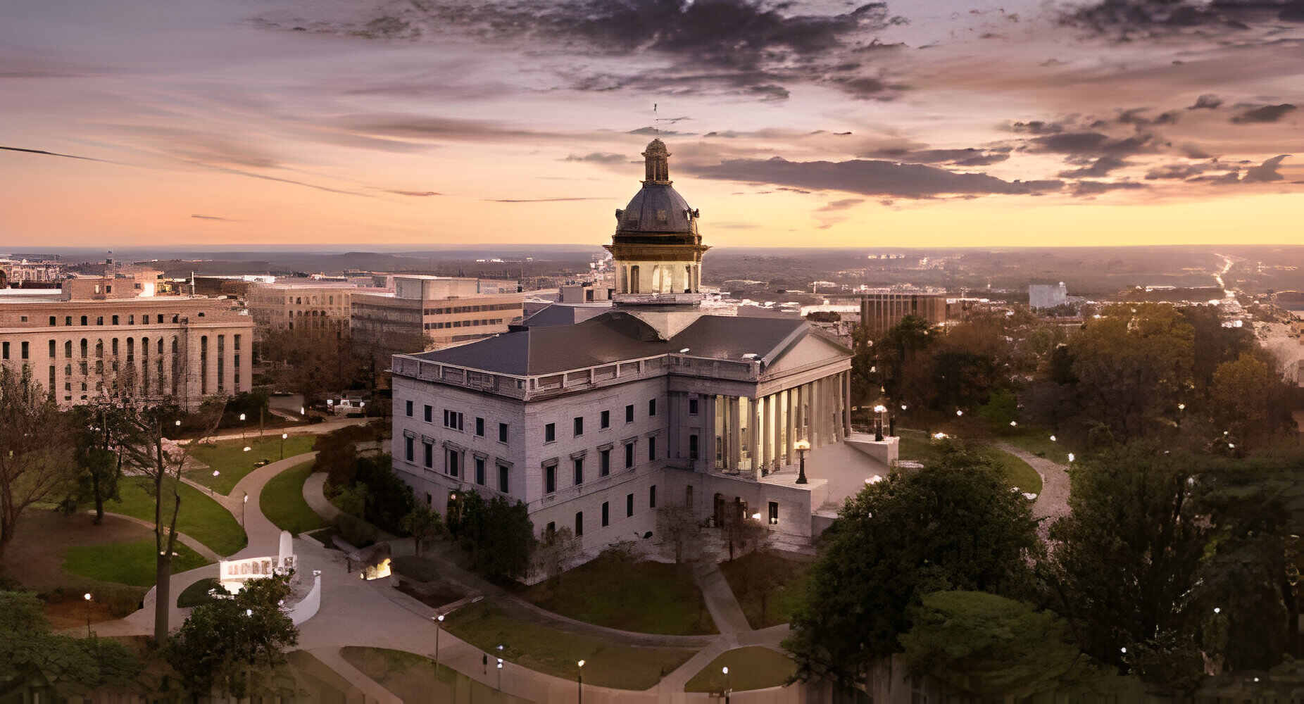 Aerial view of the South Carolina Statehouse at dusk in Columbia, SC