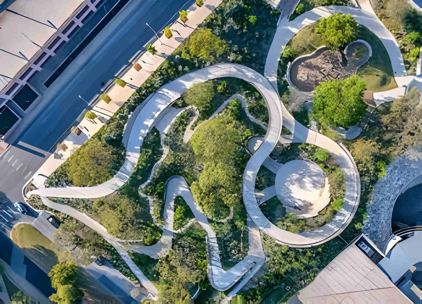 Aerial view of Waterloo Park and streets in Austin, Texas