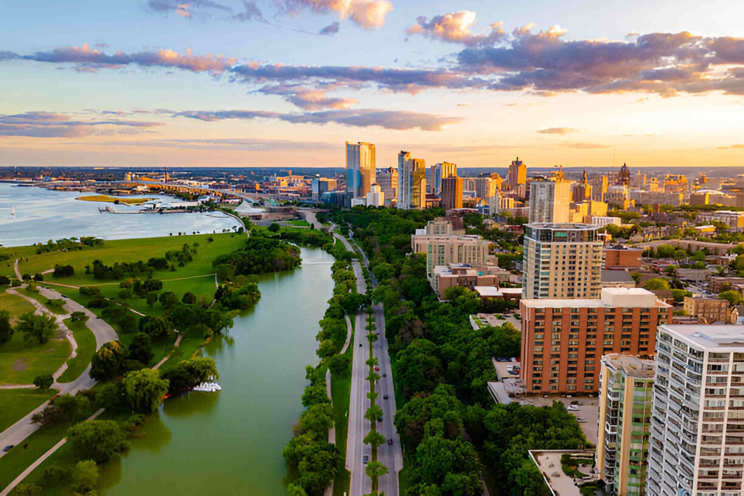 Looking south over Lincoln Memorial Drive at the Milwaukee Skyline