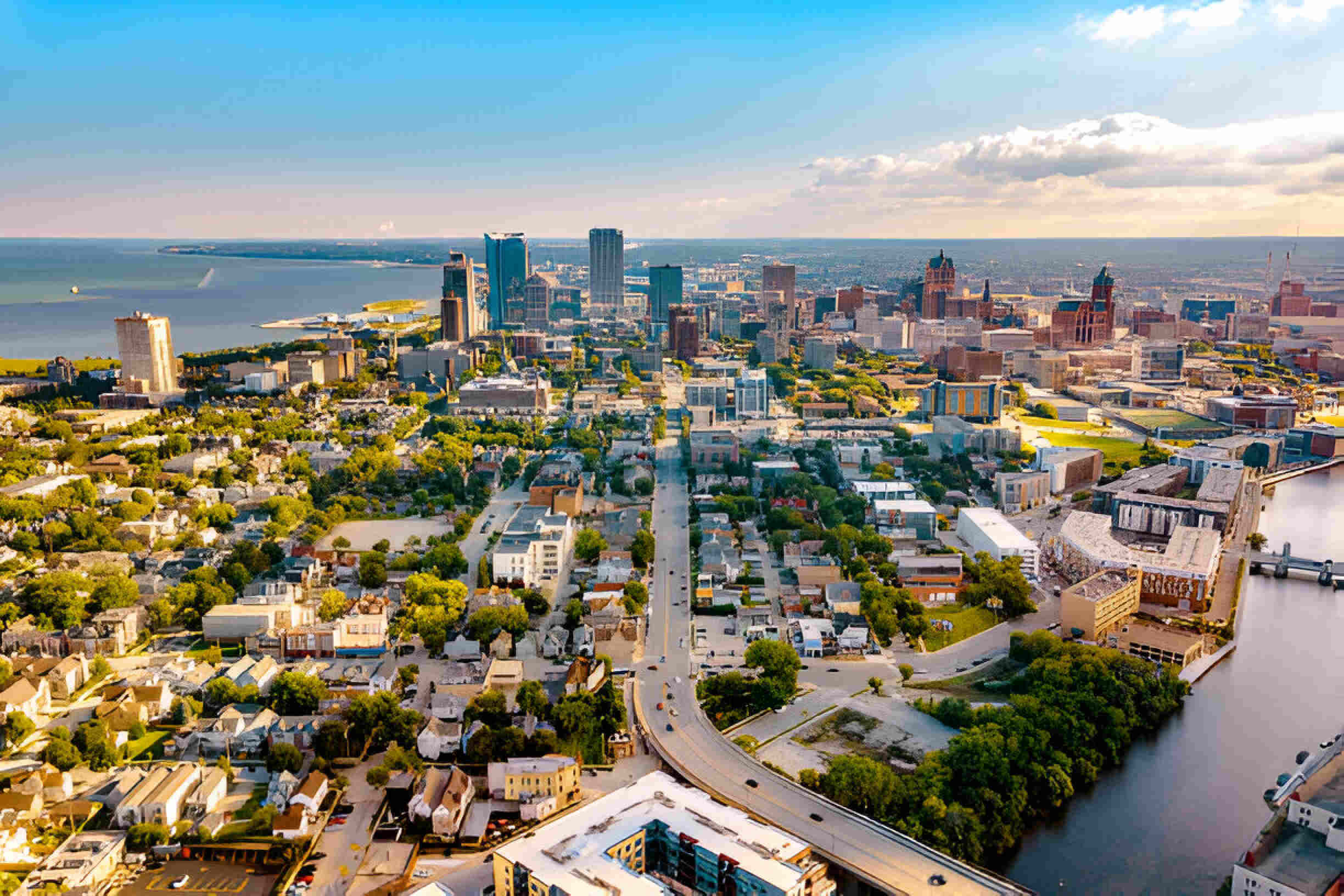 Drone view of downtown Milwaukee