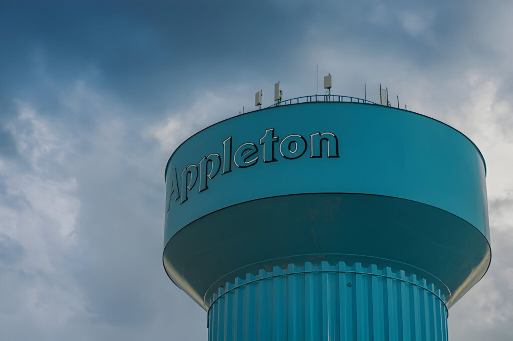 A water tower in the cloudy skies of Appleton