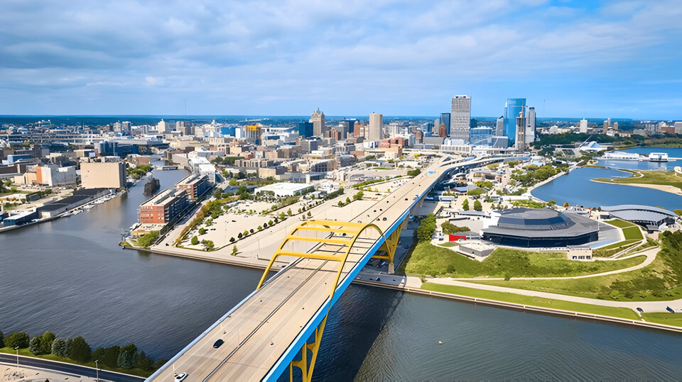 Aerial View of Milwaukee Bridge, Stadium, and Urban Skyline