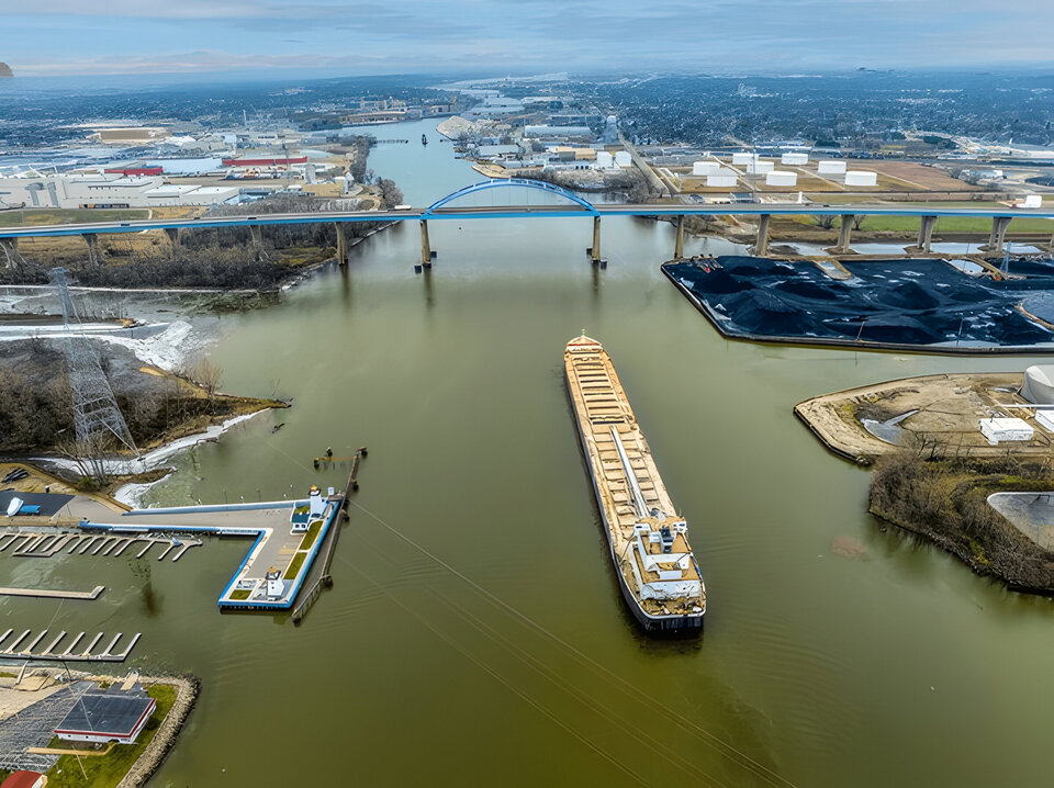 A ship arrives in the Great Lakes port of Green Bay on the Bay of Green Bay on Lake Michigan