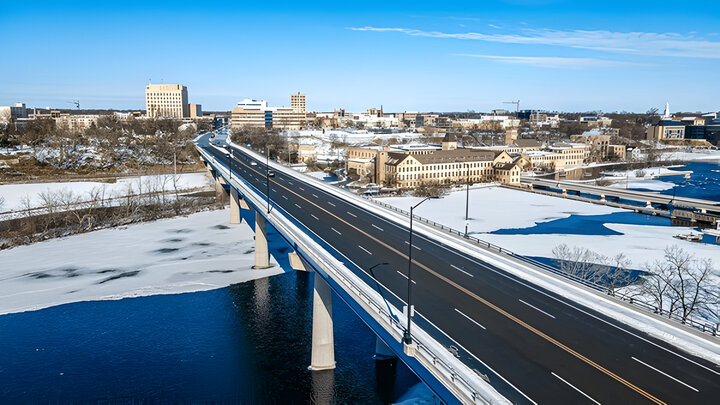 Traffic over the bridge that heads into the city - appleton, wisconsin usa.