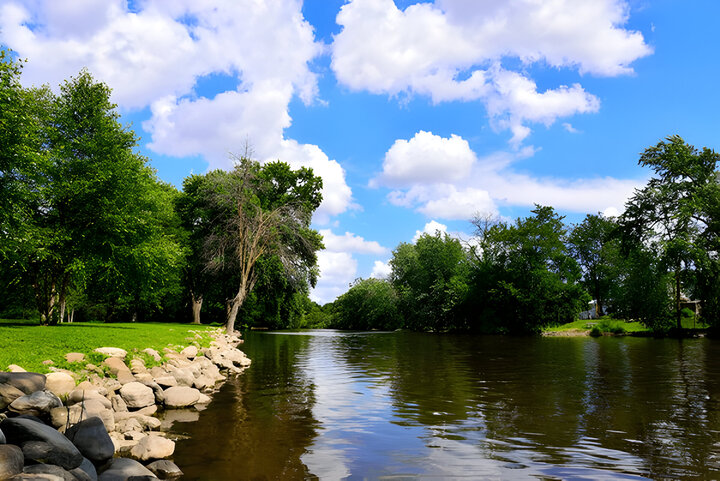 A beautiful view of the Fox River looking east at Wehmhoff Jucker Park in Burlington Wisconsin