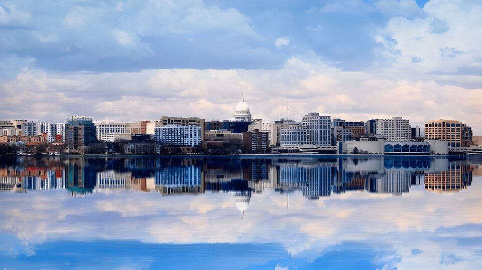 Madison Skyline and the Wisconsin State Capitol from Lake Monona, Madison, Wisconsin