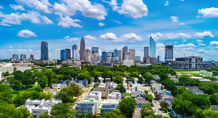 Drone Aerial of Downtown Charlotte, North Carolina, NC, USA Skyline