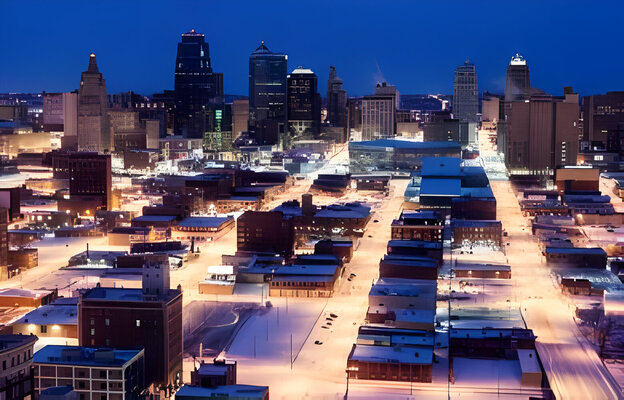 Elevated view of city in winter, Kansas City