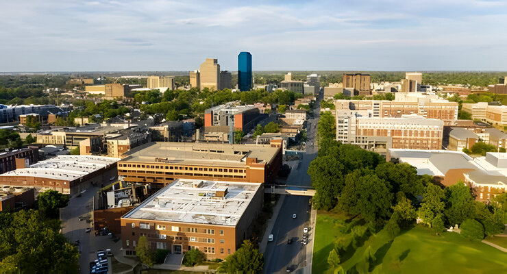 Aerial view university campus area looking into the city center urban core of downtown Lexington KY