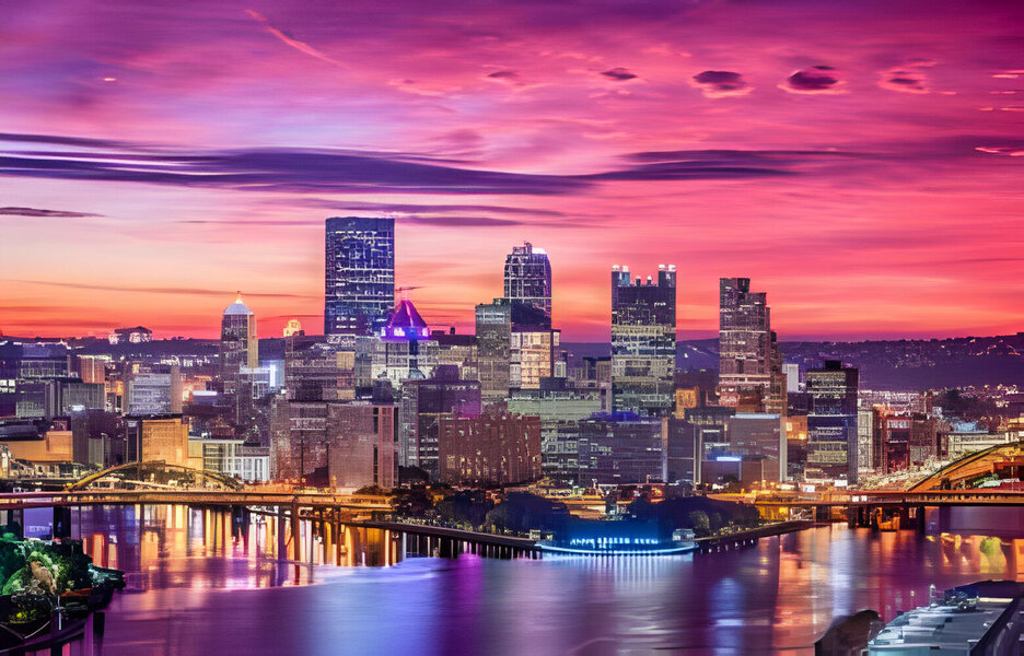 city skyline of Pittsburgh, Pennsylvania, USA at sunset