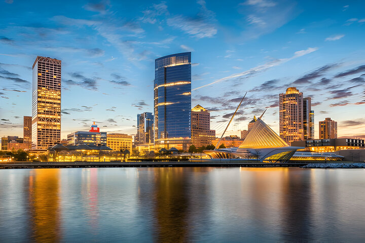 Milwaukee downtown city skyline on Lake Michigan at twilight.