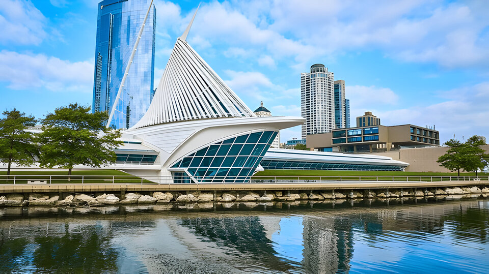 Aerial View of Modern Waterfront Pavilion, Milwaukee Skyscrapers