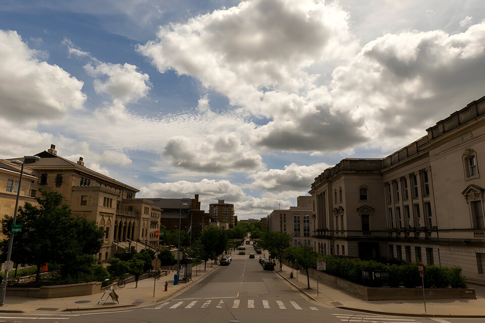 View of State Street on the University of Wisconsin - Madison campus with the Student Union on the left and the Wisconsin Historical Society on the right