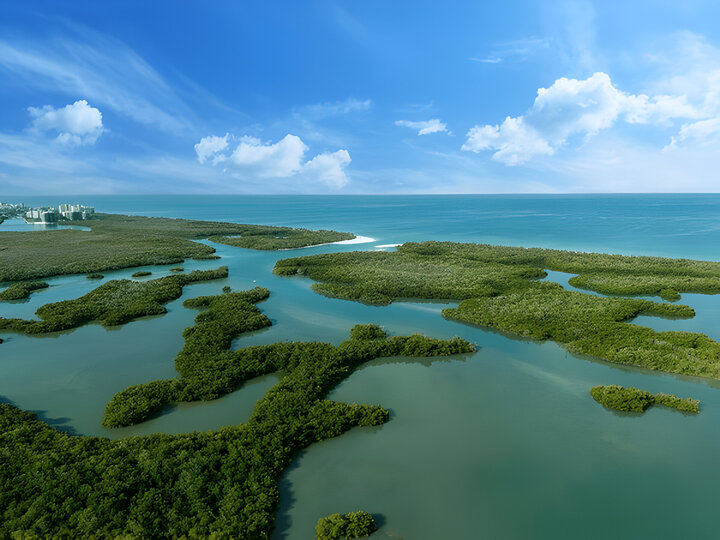 Blue sky over the mangrove tree waterway off the Gulf of Mexico in Naples, Florida