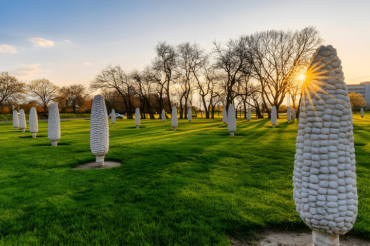 Rows of corn stone sculptures at "corn henge" in Dublin Ohio