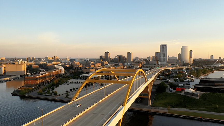 Aerial view of Hoan Memorial Bridge, highway in Milwaukee, Wisconsin,