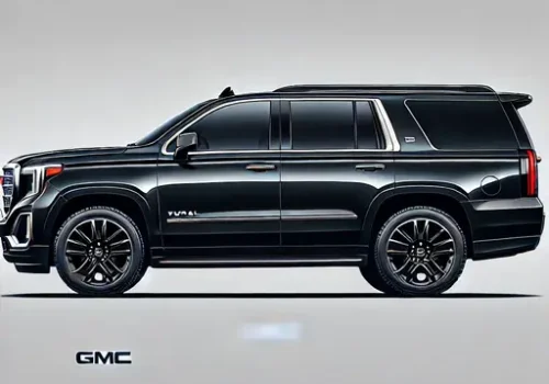 Side View of Luxury Black CMC Yukon Denali with White and Silver Background