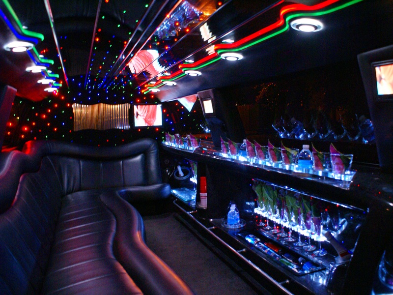 Interior of luxury limousine with a bar in the vehicle