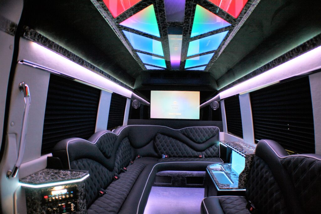 Interior view of a luxury stretch limousine