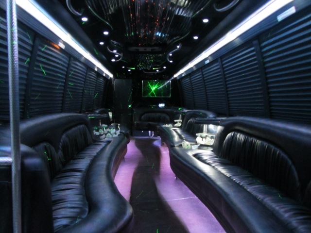 Luxury Interior of Milwaukee Limo Bus Rental with Beautiful Lights