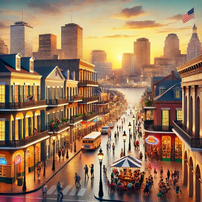 New Orleans, Louisiana downtown capturing the lively atmosphere, historic architecture, and the iconic Mississippi River at sunset.